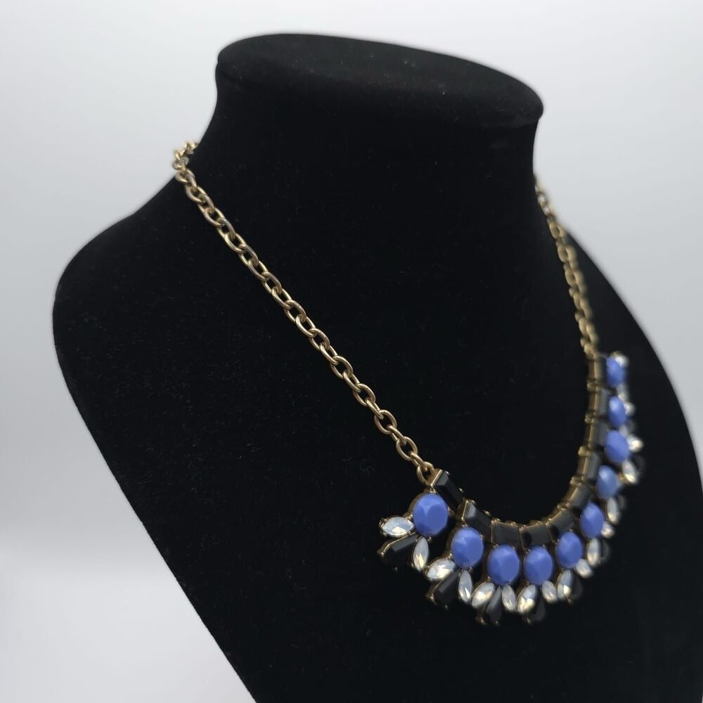 J.CREW Multi Pendant Statement Necklace Black Blue Clear Crystal Gold Tone Chain
